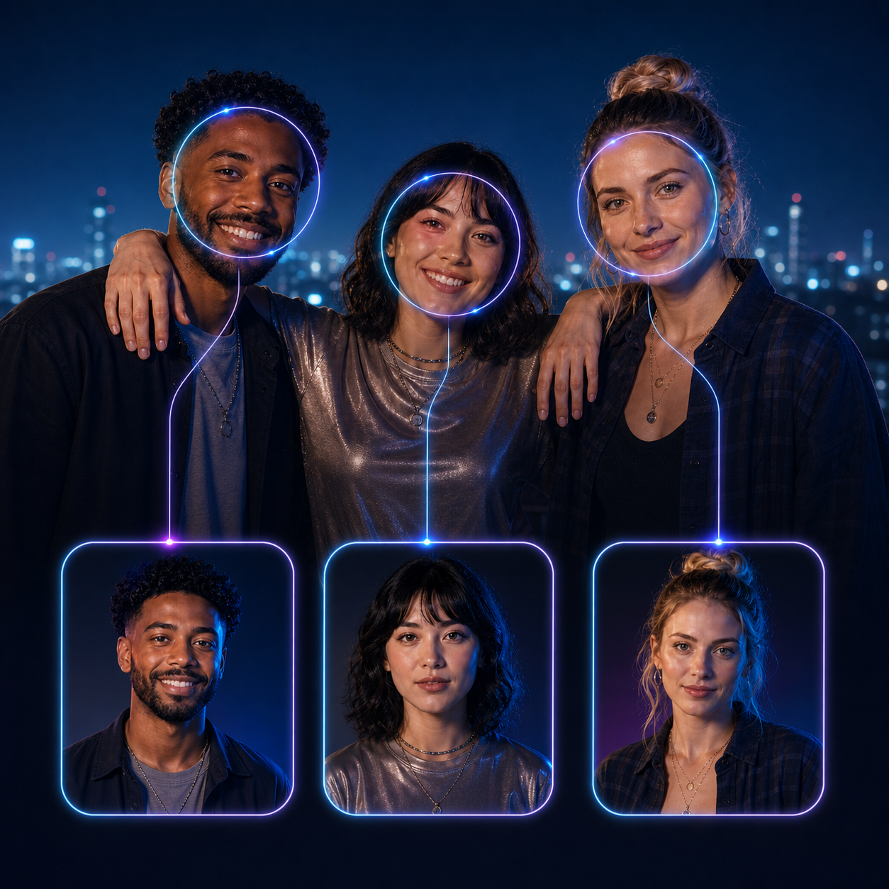 Three source portraits matched to detected faces in one group scene