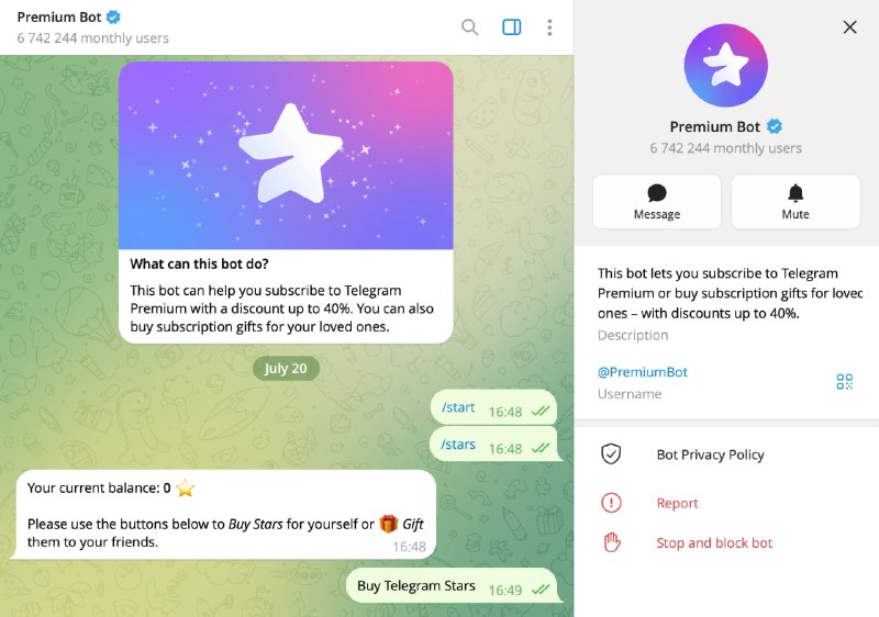 Opening the verified Telegram Premium Bot and sending the Stars command